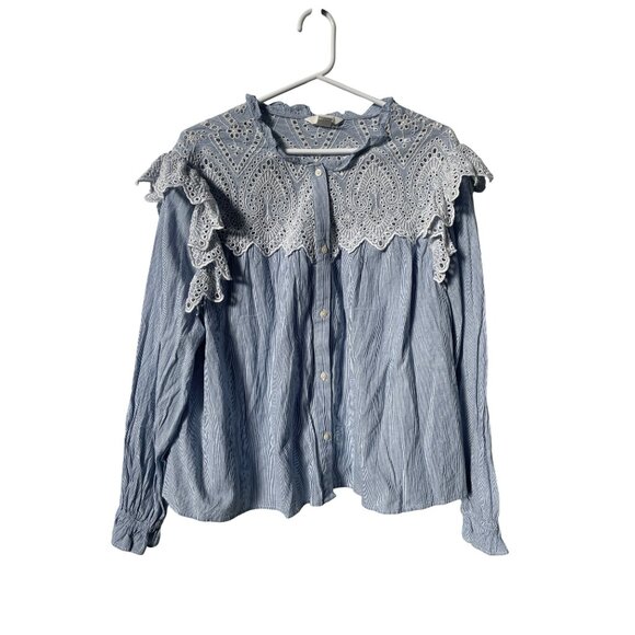 H&M Blouse Size 18 Button Front Long Sleeve Embroidered Lace Striped Blue White - Picture 3 of 12